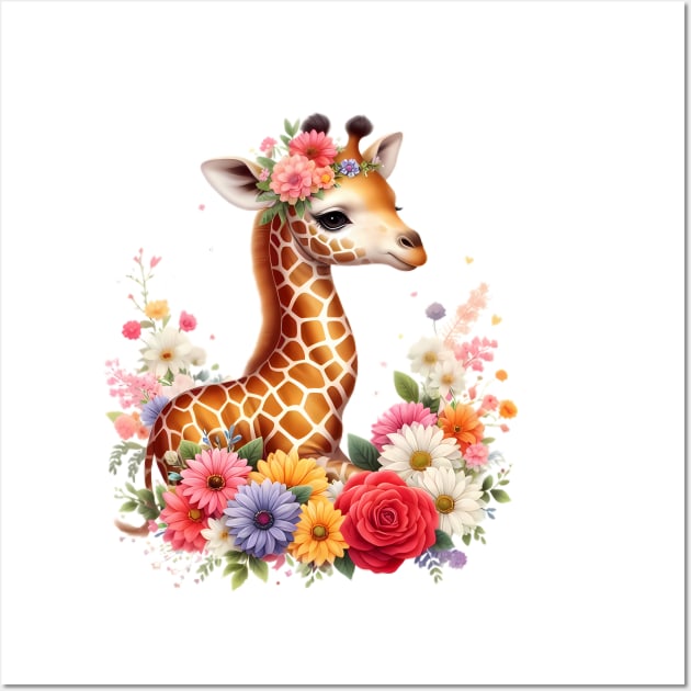 A baby giraffe decorated with beautiful colorful flowers. Wall Art by CreativeSparkzz